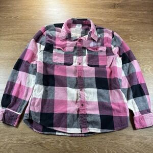 Disney Minnie Mouse Flannel Shirt Women's M Pink Plaid 100% Cotton Button Front